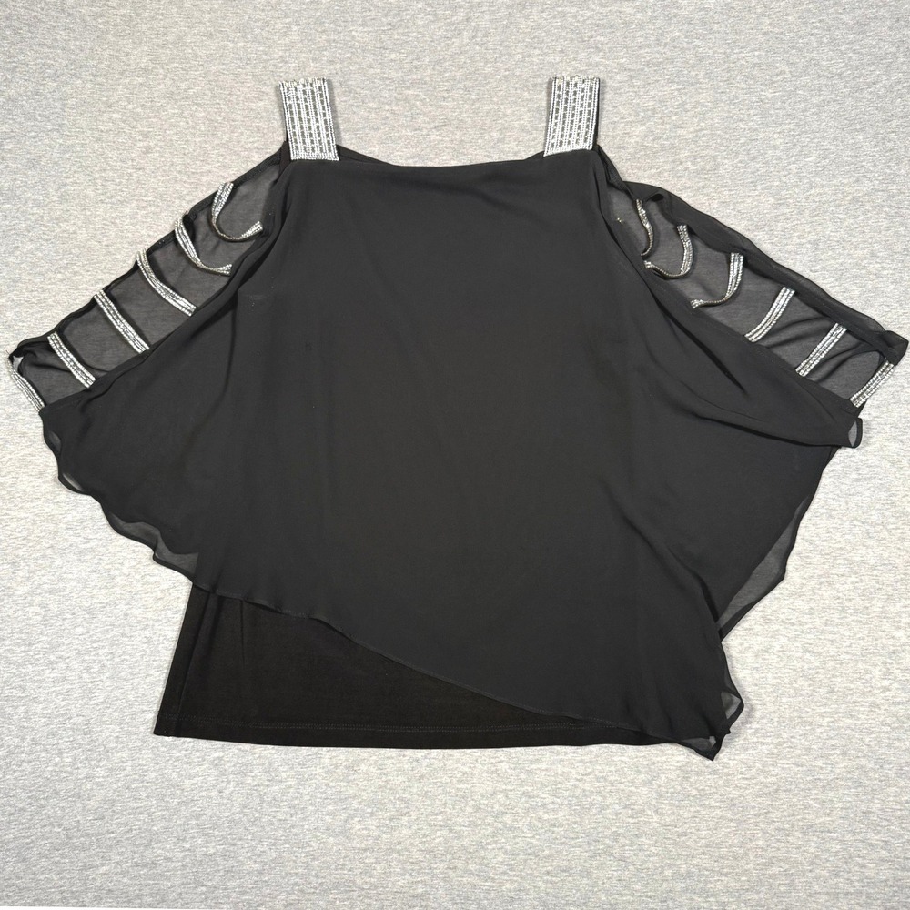 S. Levine Womens Black Rhinestone Cold Shoulder Layered Chiffon Blouse Top Small